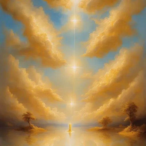 Prompt: Heavenly landscape with golden clouds, angelic figures floating, ethereal glow, divine radiance, surreal and serene, oil painting, majestic scenery, heavenly glow, high quality, surrealism, golden tones, soft lighting