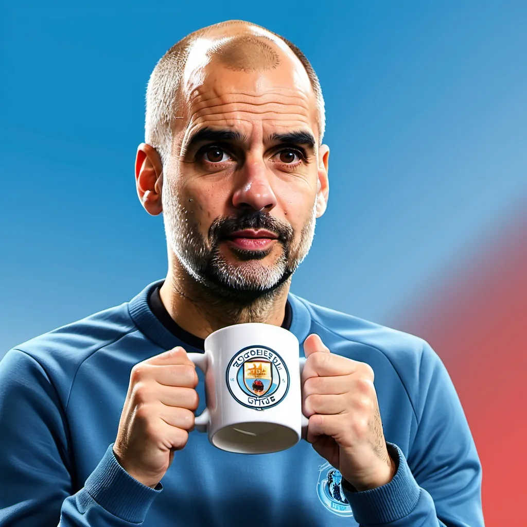 Prompt: In a YT thumbnail size crested a picture of pep. GUARDIOLA holding a mug cups, in a sky blue background all should be 3d except the background