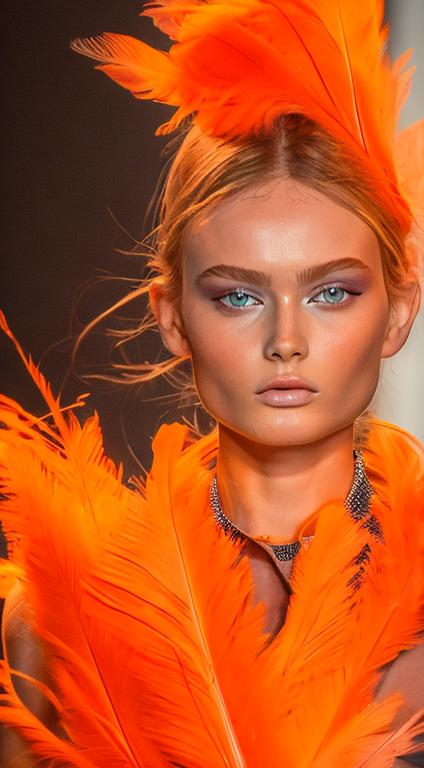 Prompt: Create a  model image from the newyprk fashion week,photographic details minute,stunning babes picture full detail,absolutly gorgeous in faux feather