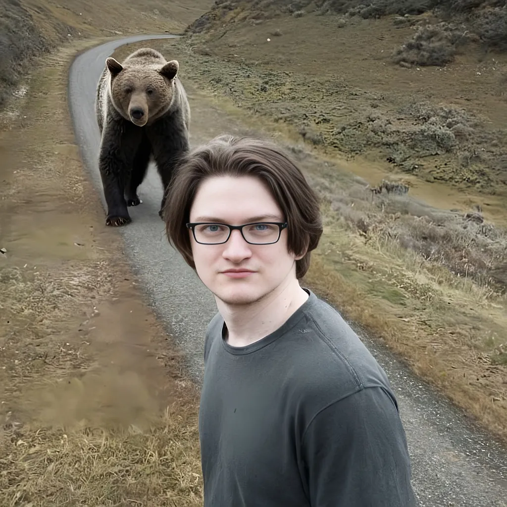 Prompt: Skinny man stands on the side of the road, in the distance a bear walks