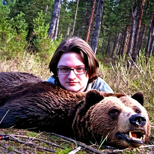 Prompt: Trophy puc of a hunter and a dead bear