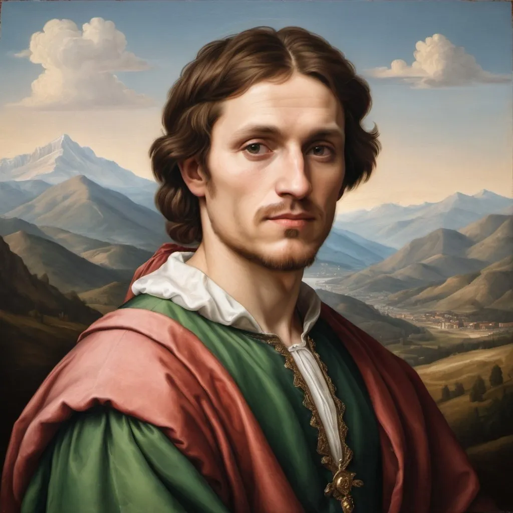 Prompt: Oil paint portrait of a man in the style of Italian Renaissance painter Raphael with mountains in the background