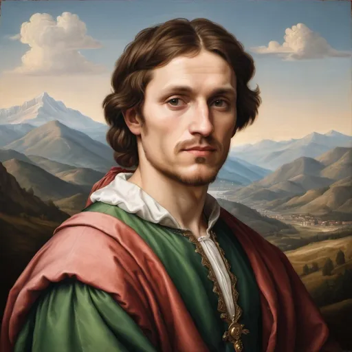 Prompt: Oil paint portrait of a man in the style of Italian Renaissance painter Raphael with mountains in the background