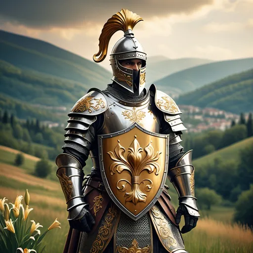 Prompt: Create an image of a Bosniak knight standing proudly. He is wearing ornate armor, holding a traditional sword in one hand and a shield in the other. The shield features a prominent golden lily symbol. The background should be a scenic landscape, perhaps with rolling hills or a historical castle, to enhance the knight's noble presence