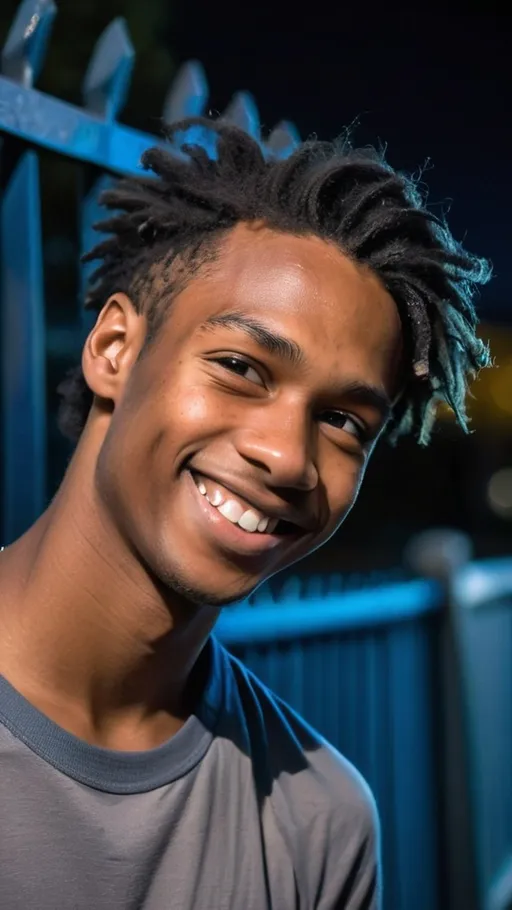 Prompt: A young man smiles brightly, his face illuminated by soft, ambient light against a dark backdrop, creating a warm, inviting atmosphere. He appears to be outdoors, with hints of a fence or structure in the blurred background that contrasts with the cool blue hues surrounding him. His hair has a slightly tousled look, accentuating his cheerful demeanor as he tilts his head slightly to the side. The image captures a casual, relaxed moment, marked with the text "Sunday" and the time “7:13 pm” overlaying the scene, suggesting a snapshot of a laid-back weekend evening filled with joy.
