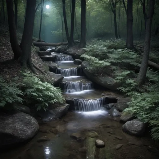 Prompt: Moonlight woods small waterfall into creek with fantasy undertones
