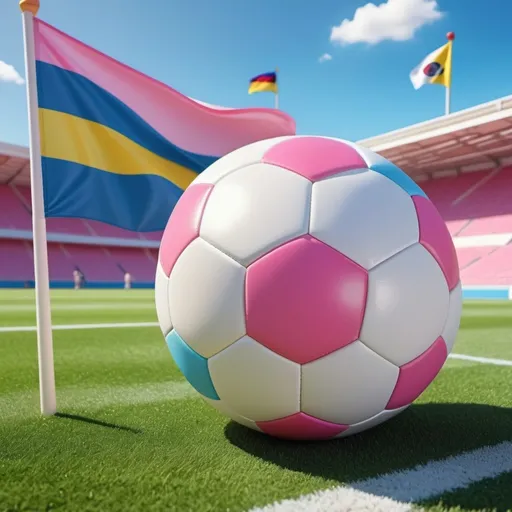 Prompt: White and pink soccer ball, Colombian and Argentinean flags, sunny soccer field, clear sky, vibrant colors, high quality, detailed illustration, soccer, sports, flags waving, outdoor, sunny, clear sky, professional, vibrant colors