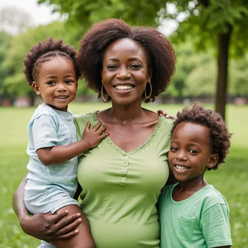 Prompt: happy african  mother with her children son and daughter in greenish park