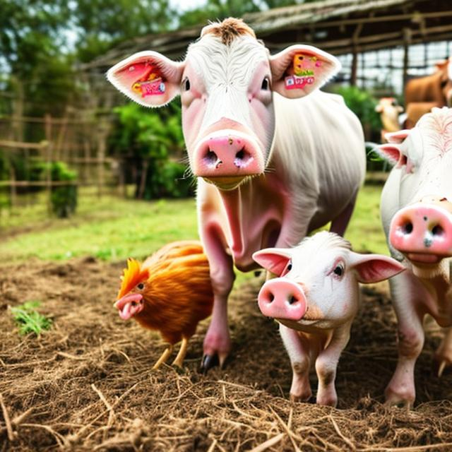 Prompt: cow, pig and chicken in a farm