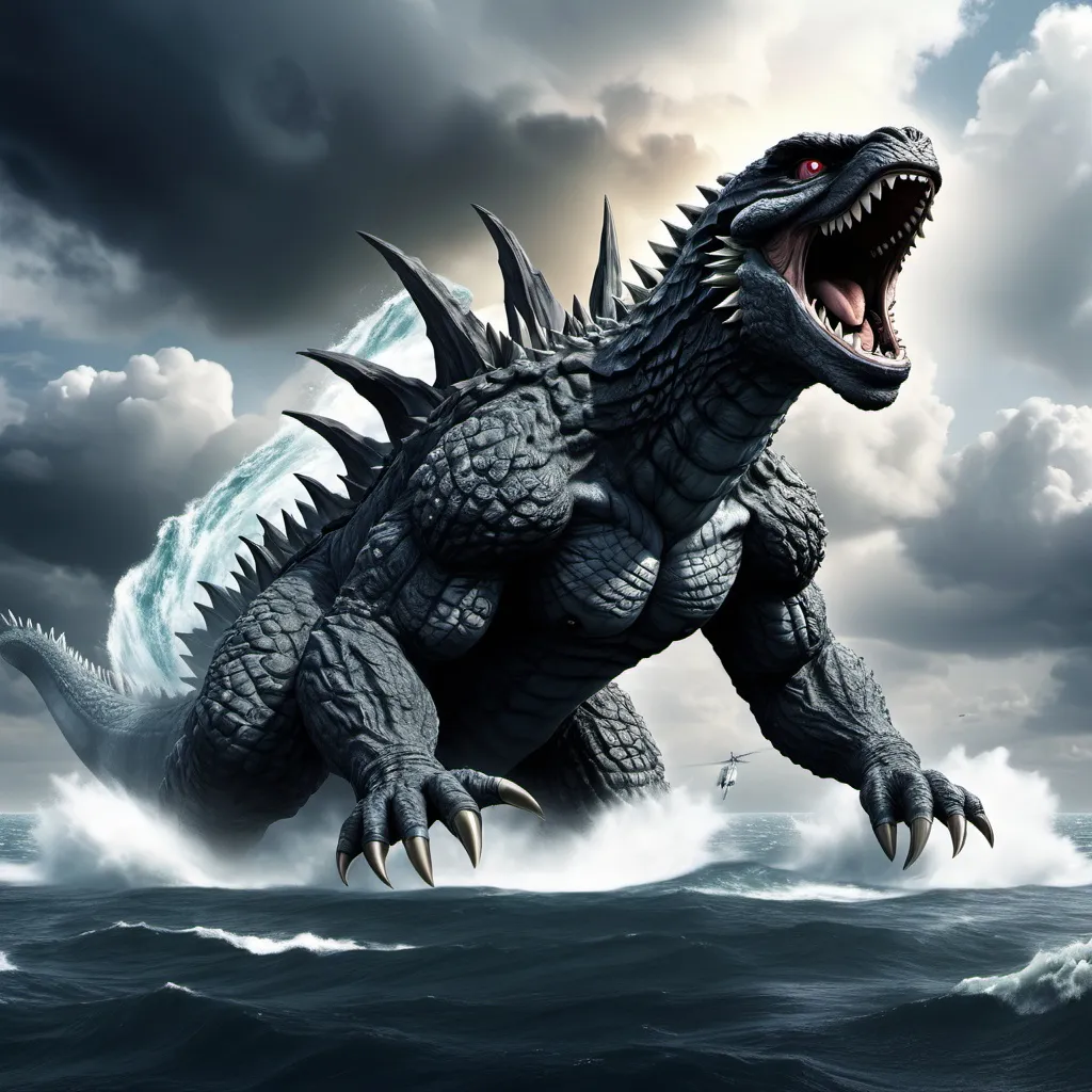 Prompt: godzilla, kaijuu, no_humans, aircraft, sharp_teeth, teeth, giant, water, monster, cloud, ocean, open_mouth, spikes, airplane, sky, military_vehicle, ship