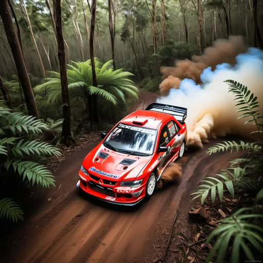 Prompt: mitsubishi lancer evo 7 rally car drifting throuh australian jungle view from top