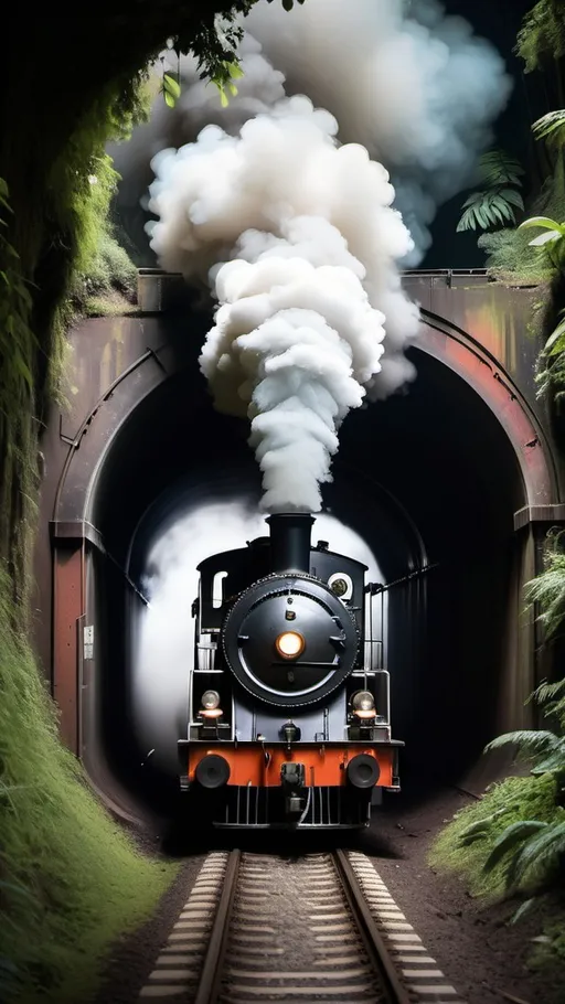 Prompt: a steam engine goods train coming through a tunnel full of smoke background train lights visible jungle