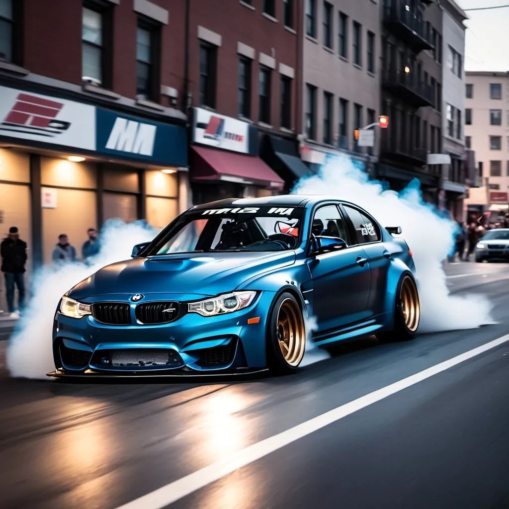 Prompt: a bmw m3 modified car drifting on a rush street