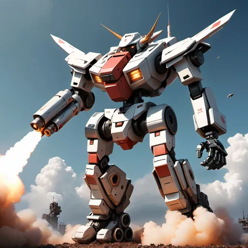 Prompt: mecha holding a missile from the sky