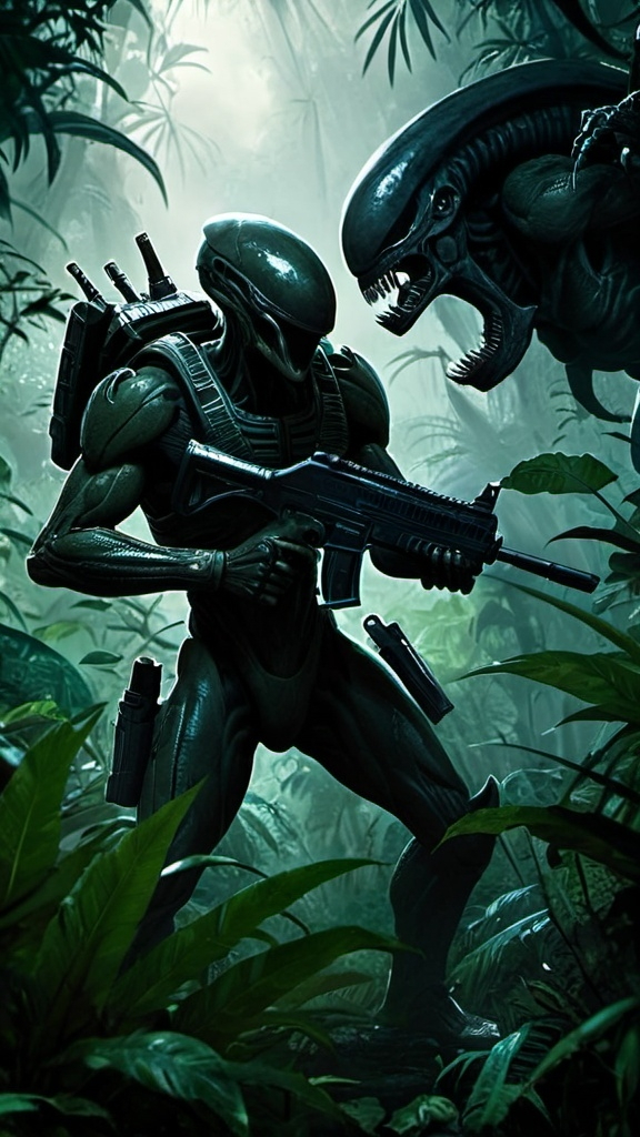 Prompt: A gritty, dark, and atmospheric image of a human soldier, wielding a weapon, battling a Predator and Xenomorph in a dense, overgrown jungle, featuring sharp and angular forms juxtaposed with organic textures.