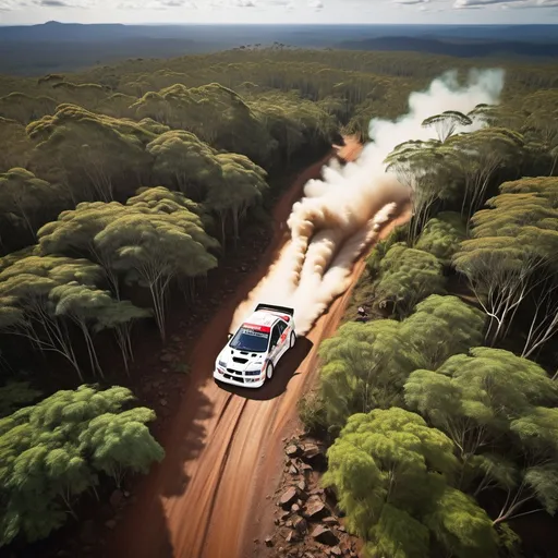 Prompt: mitsubishi lancer evo 7 rally car drifting throuh australian jungle view from top