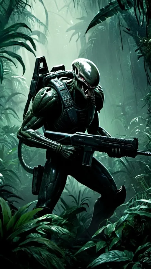 Prompt: A gritty, dark, and atmospheric image of a human soldier, wielding a weapon, battling a Predator and Xenomorph in a dense, overgrown jungle, featuring sharp and angular forms juxtaposed with organic textures.