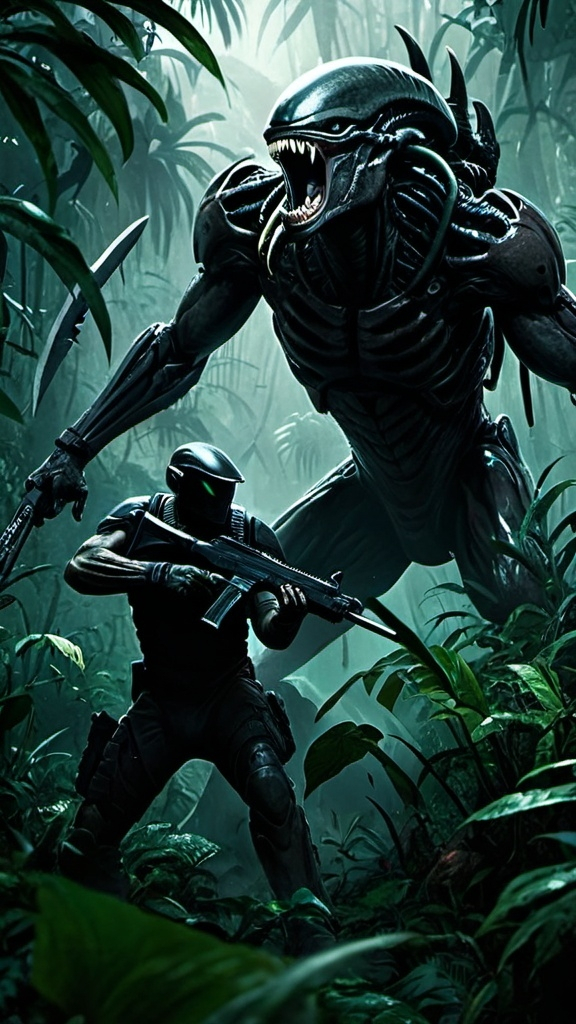 Prompt: A gritty, dark, and atmospheric image of a human soldier, wielding a weapon, battling a Predator and Xenomorph in a dense, overgrown jungle, featuring sharp and angular forms juxtaposed with organic textures.