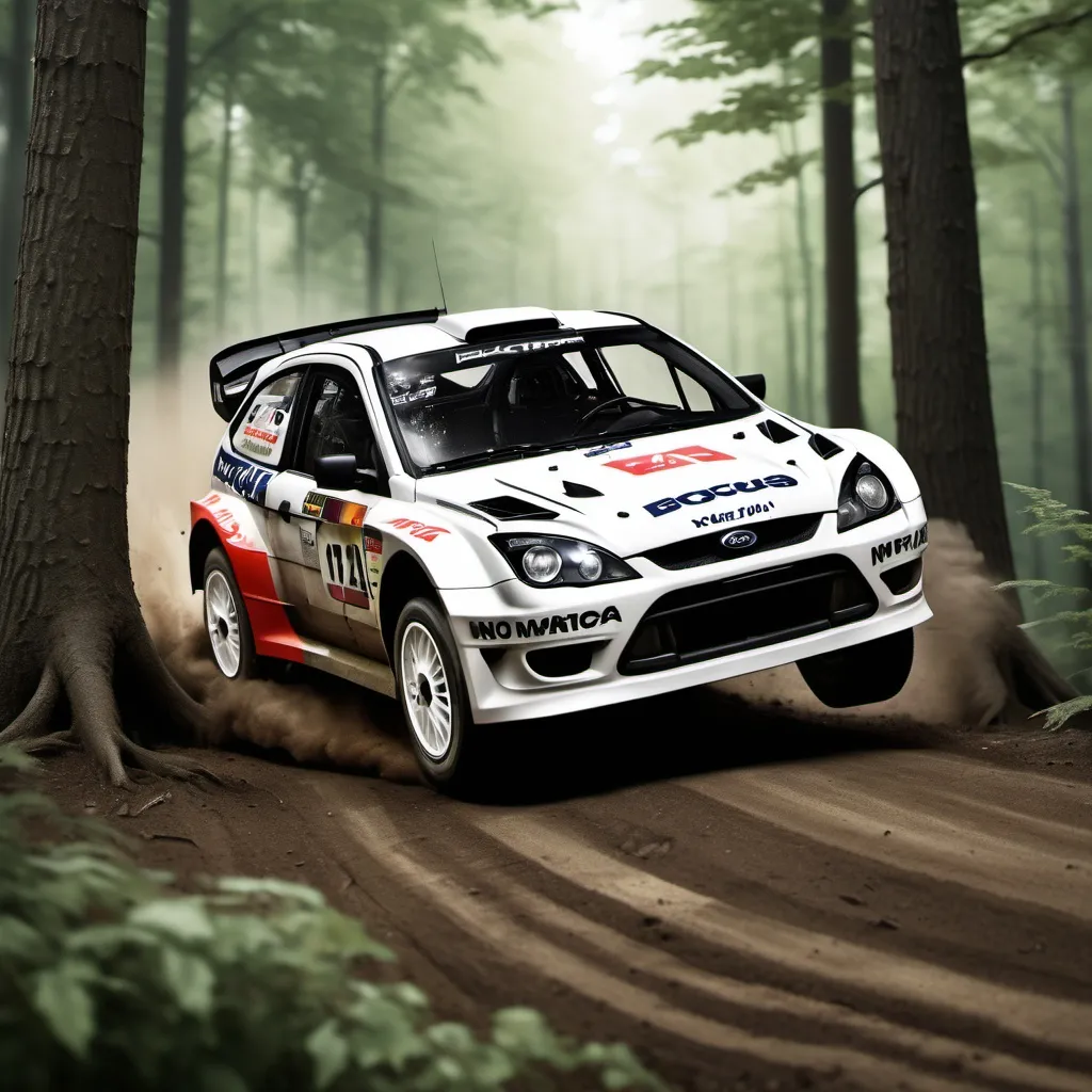 Prompt: rally car,vehicle_focus, no_humans, tree, forest, outdoors, photo_background, nature, realistic, wheel