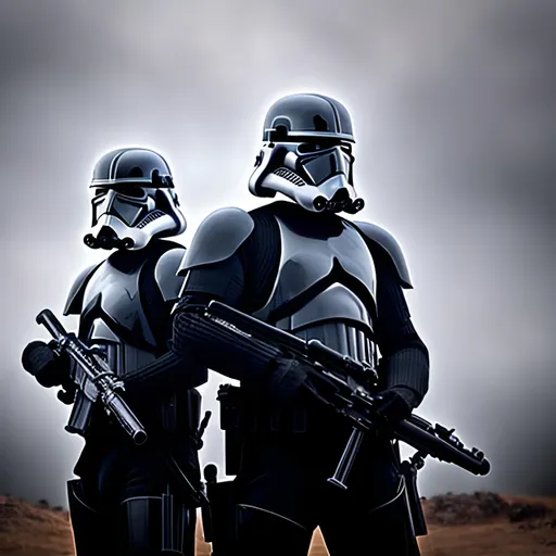 Prompt: 2 Imperial Shadow Troopers with guns, on a hill, with a grey sky, and it is night time