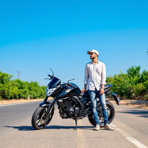 Prompt: Beneath a clear blue sky, a young man stands confidently next to a sleek black motorcycle along a deserted roadway, embodying a sense of freedom and adventure. Dressed in a light checked shirt and jeans, with a cap shielding his eyes from the sun, he gazes thoughtfully into the distance, suggesting a moment of reflection or anticipation. The motorcycle, polished and ready for a ride, leans slightly on its stand, accentuating the dynamic relationship between the rider and machine. Surrounding them, the vibrant greenery of the roadside contrasts beautifully with the concrete, enriching the overall composition with a blend of nature and urban life, while the warm sunlight casts gentle shadows that create a relaxed and inviting atmosphere. The scene exudes a youthful spirit of exploration and a desire for the open road ahead.