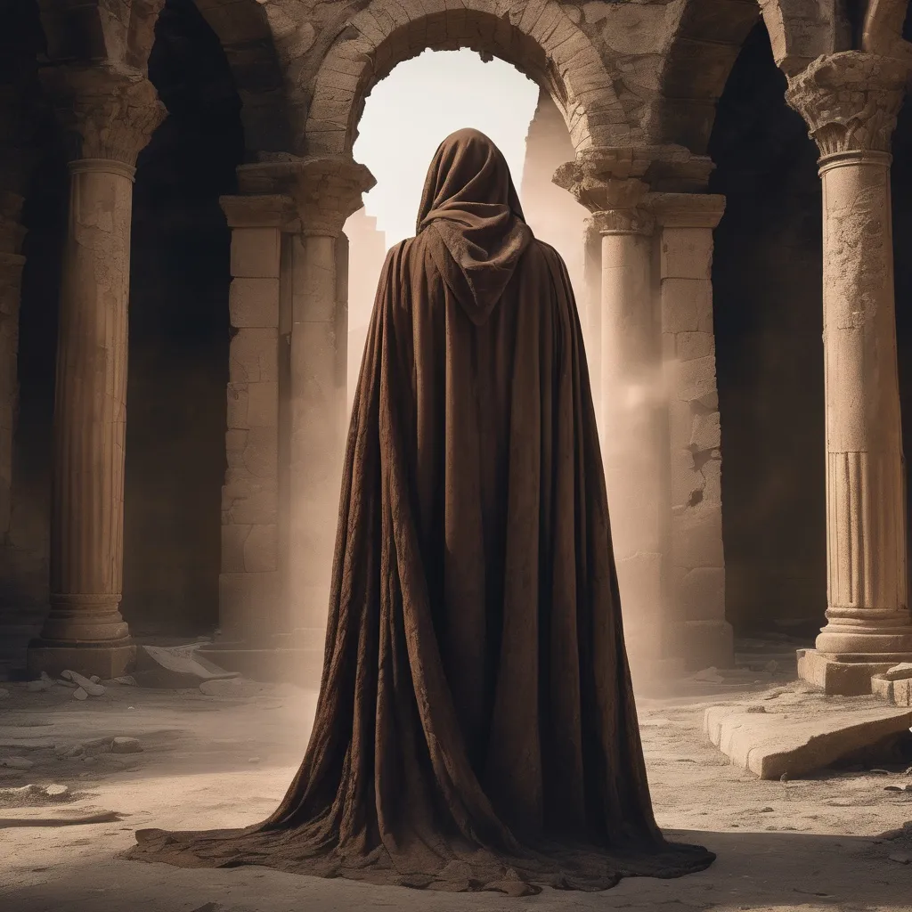 Prompt: Mysterious figure in flowing cloak, ancient city ruins, lost civilization remains, high quality, detailed, mystical, atmospheric, mysterious lighting, flowing cloak, ancient architecture, tattered cloak, desolate, warm brown tones