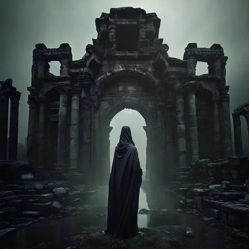 Prompt: Mysterious figure in flowing cloak, ancient city ruins, lost civilization remains, high quality, detailed, mystical, atmospheric, mysterious lighting, flowing cloak, ancient architecture, haunting, enigmatic, forgotten city, tattered cloak, desolate, ruins, desaturated tones