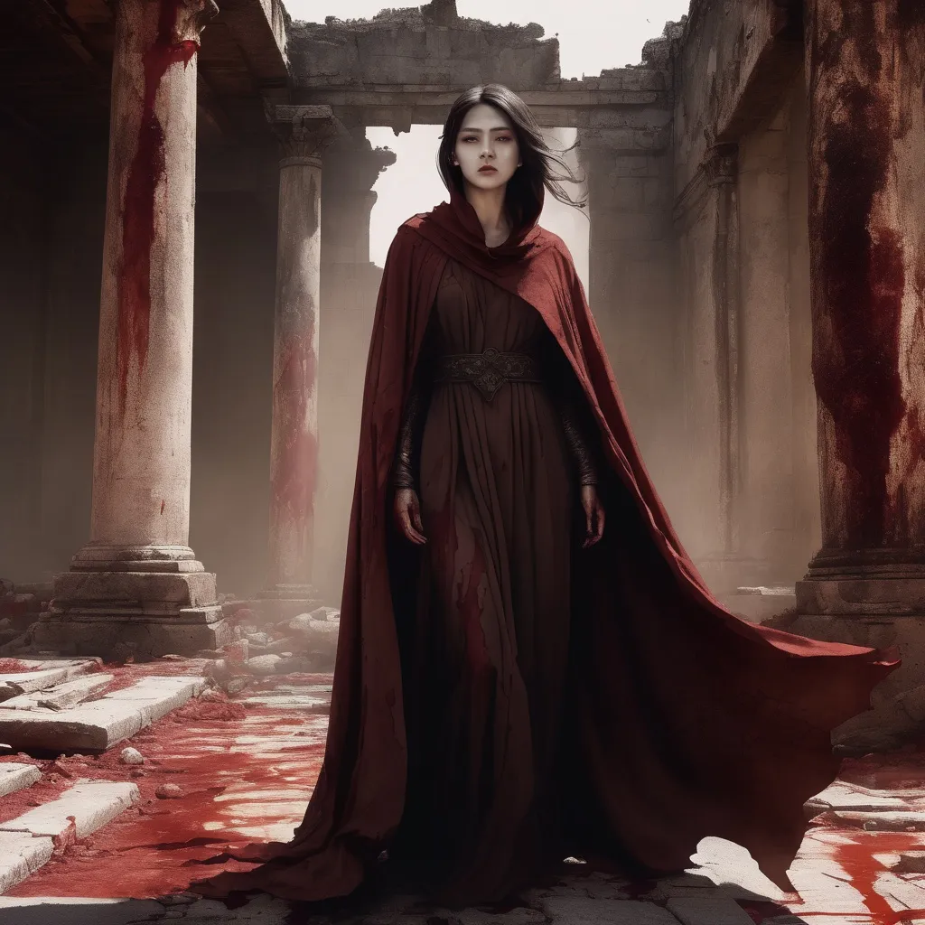 Prompt: Blood-smeared heroine in flowing cloak, ancient city ruins, lost civilization remains, high quality, detailed, mystical, atmospheric, mysterious lighting, flowing cloak, ancient architecture, tattered cloak, desolate, warm brown tones