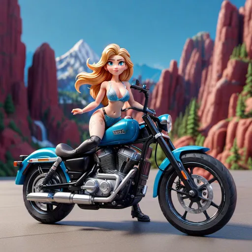 Prompt: <mymodel> curvy woman showing off her body , ride harley, blue backround, mountain