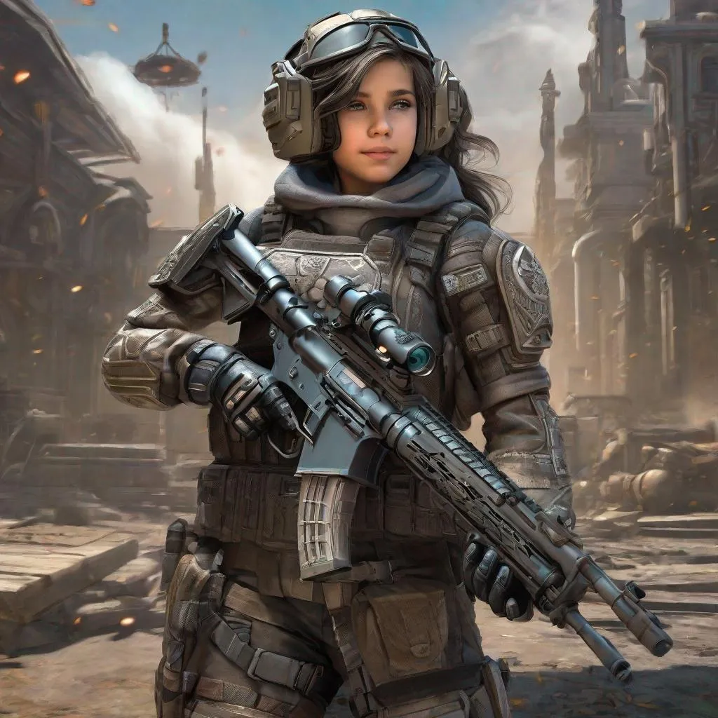 Prompt: A 13-year old girl wearing a gear of war armer with a machine guns, full body, highly detailed, HD color,