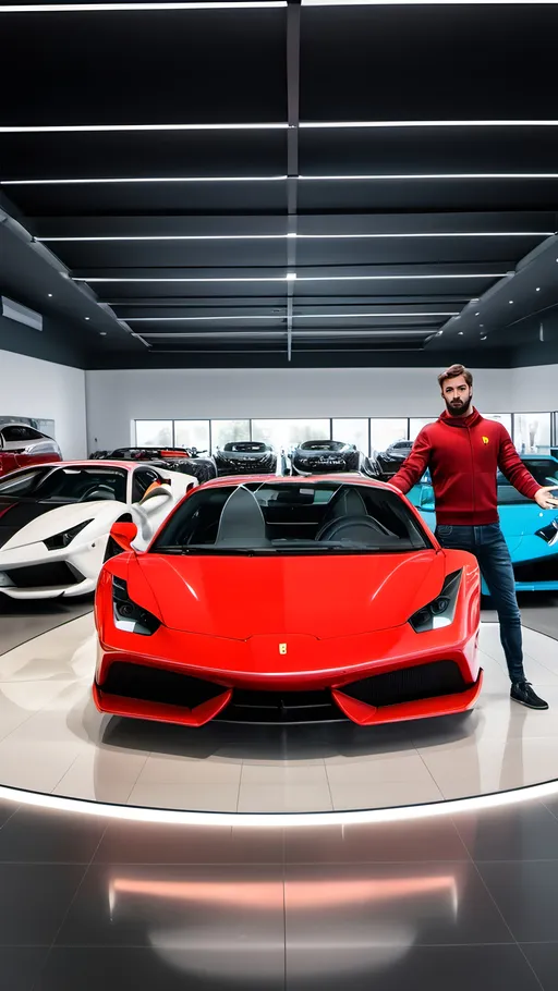 Prompt: The man is standing confidently in the foreground, arms wide open as if showcasing the cars. The Ferrari and Lamborghini are angled slightly to create depth, with the showroom in the background