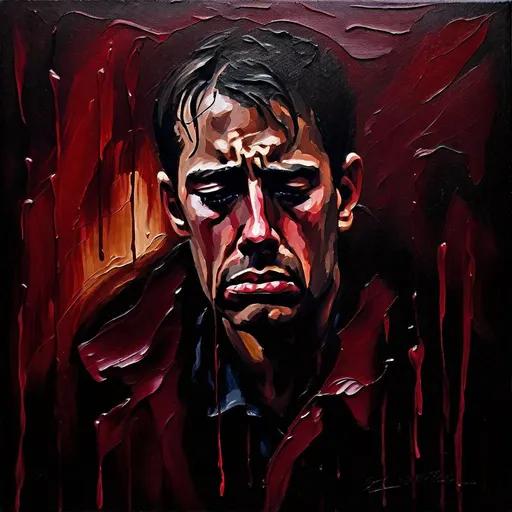 Prompt: Sad man, expressionism, tears falling from face, dark red, burgundy, emotional, intense, high contrast, oil painting, dramatic lighting, emotional eyes, textured brushstrokes, sorrowful, moody atmosphere, high quality