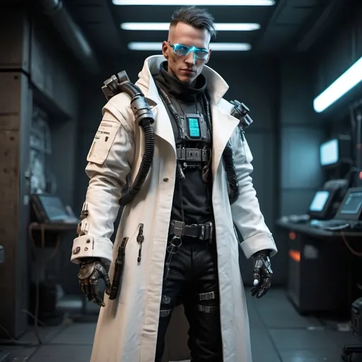 Prompt: cyberpunk scientist technomancer wearing armored white labratory coat