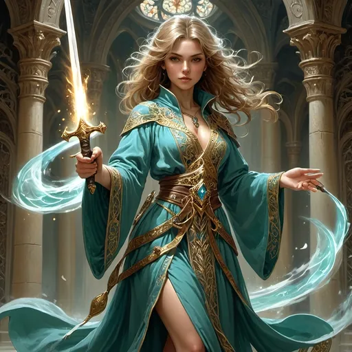 Prompt:  Female Human wizard in delicate flowing ornate robes wielding a longsword