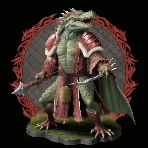 Prompt: Very old Lizardman with long frills and fading red scales Druid wearing thick hide armor and a long fur robes and wielding a intricately carved dark wooden greatclub