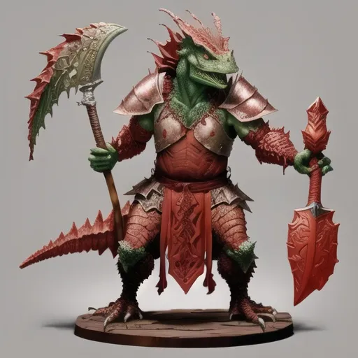 Prompt: Very old Lizardman with long frills and fading red scales Druid wearing thick hide armor and wielding a intricately carved dark wooden club