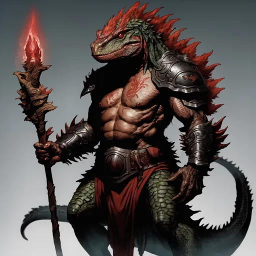 Prompt: Very old Lizardman with long frills and fading red scales Druid wearing thick hide armor and a long fur robes and wielding a intricately carved dark wooden greatclub