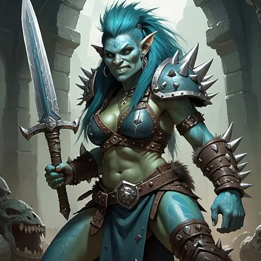 Prompt:  blue-green skinned female Barbarian troll wearing leather armor and robes wielding a spikey greatsword