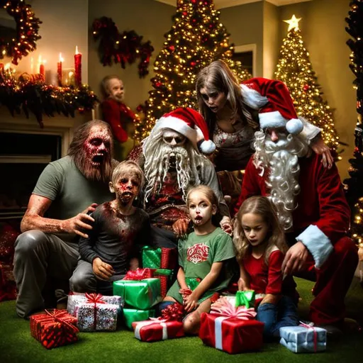 Prompt: A family of zombies sitting around a christmas tree with presents underneath it. the dad zombie wearing a Santa Clause Costume