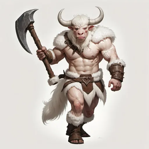 Prompt: young albino minotaur covered with white fur and and one small horn and one short broken horn barbarian wearing leather chest armor wielding a large simple two-handed axe