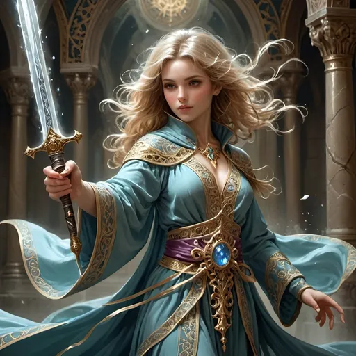 Prompt:  Female Human wizard in delicate flowing ornate robes wielding a longsword