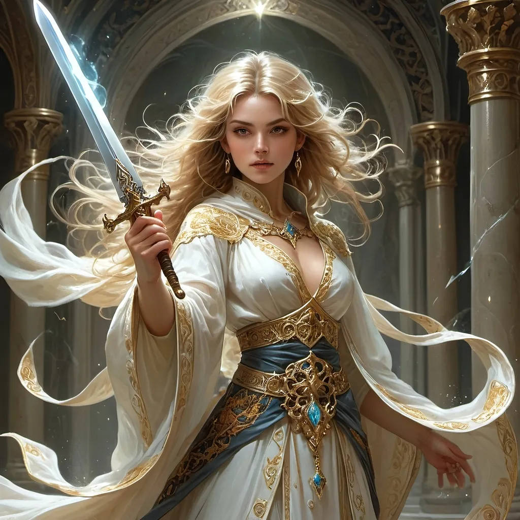 Prompt:  Female Human wizard in delicate flowing ornate robes wielding a longsword