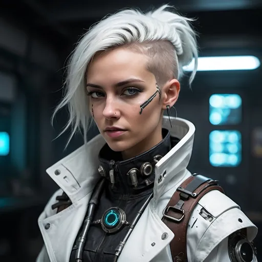 Prompt: female cyberpunk scientist technomancer wearing armored white labratory coat