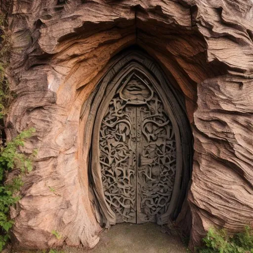Prompt: Hidden secret  stone door carved to look like tree bark