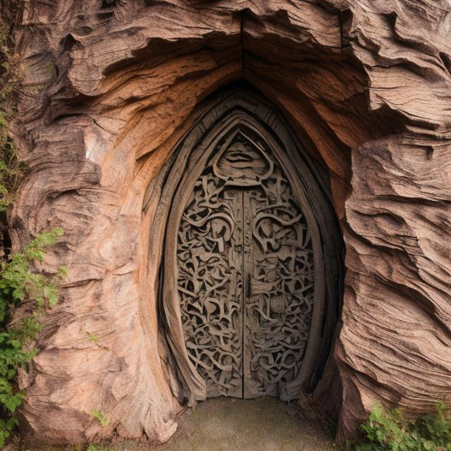 Prompt: Hidden secret  stone door carved to look like tree bark