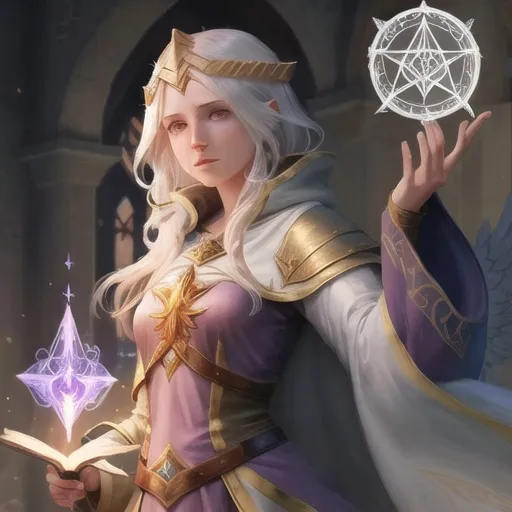 Prompt: Female Aasimar wizard