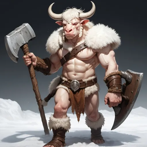 Prompt: young albino minotaur covered with white fur and and one small horn and one short broken horn barbarian wearing leather chest armor wielding a large simple two-handed axe