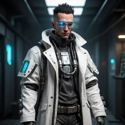 Prompt: cyberpunk scientist technomancer wearing armored white labratory coat