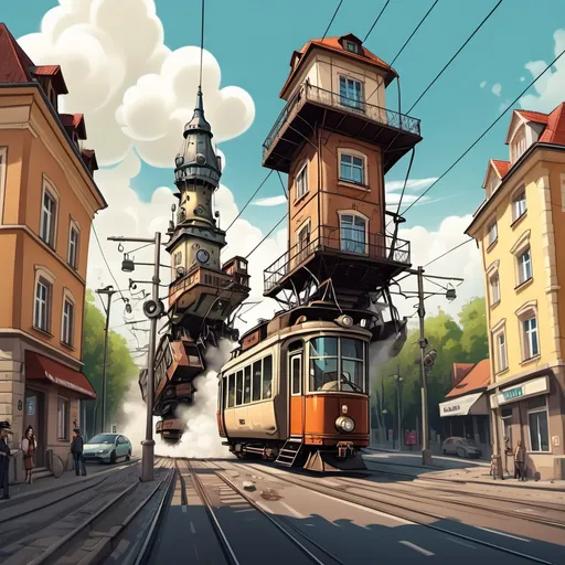 Prompt: Miskolc, Tramway, crossroad, crashing    with a car, behind of the tramway the Avas tower, cartoon art, steam punk vibe