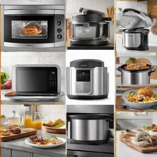 Prompt: Capture the essence of kitchen innovation and culinary mastery with a collage showcasing top-rated kitchen appliances in action. From speedy pressure cooking to guilt-free air frying, highlight the convenience and creativity these appliances bring to home kitchens.